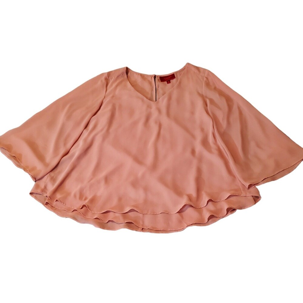 Women's Pink Semi Sheer Boho Blouse Size M Long Flounce Flowy Sleeve V-Neck